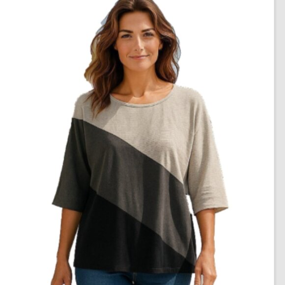Women's Dolman Colorblock Top NEW Sz Med Black/Gray/Stripe 3/4 Sleeves Pullover - Picture 1 of 11